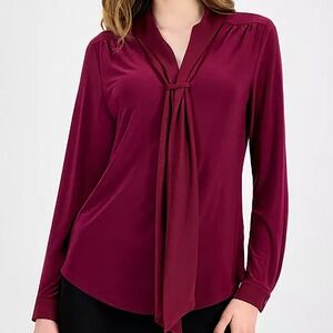 Anne Klein Tie Neck Long Sleeve Blouse Chianti Stretchy Pullover Womens Size S